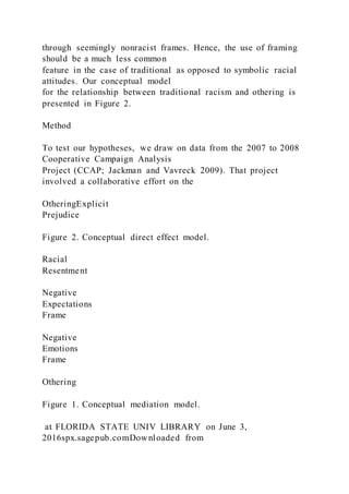 through seemingly nonracist frames. Hence, the use of framing
should be a much less common
feature in the case of traditional as opposed to symbolic racial
attitudes. Our conceptual model
for the relationship between traditional racism and othering is
presented in Figure 2.
Method
To test our hypotheses, we draw on data from the 2007 to 2008
Cooperative Campaign Analysis
Project (CCAP; Jackman and Vavreck 2009). That project
involved a collaborative effort on the
OtheringExplicit
Prejudice
Figure 2. Conceptual direct effect model.
Racial
Resentment
Negative
Expectations
Frame
Negative
Emotions
Frame
Othering
Figure 1. Conceptual mediation model.
at FLORIDA STATE UNIV LIBRARY on June 3,
2016spx.sagepub.comDownloaded from
 