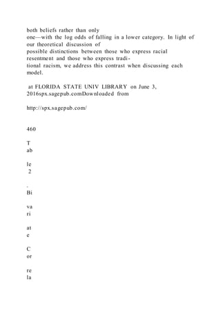 both beliefs rather than only
one—with the log odds of falling in a lower category. In light of
our theoretical discussion of
possible distinctions between those who express racial
resentment and those who express tradi-
tional racism, we address this contrast when discussing each
model.
at FLORIDA STATE UNIV LIBRARY on June 3,
2016spx.sagepub.comDownloaded from
http://spx.sagepub.com/
460
T
ab
le
2
.
Bi
va
ri
at
e
C
or
re
la
 
