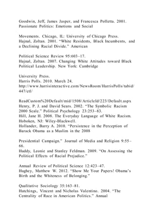 Goodwin, Jeff, James Jasper, and Francesca Polletta. 2001.
Passionate Politics: Emotions and Social
Movements. Chicago, IL: University of Chicago Press.
Hajnal, Zoltan. 2001. “White Residents, Black Incumbents, and
a Declining Racial Divide.” American
Political Science Review 95:603–17.
Hajnal, Zoltan. 2007. Changing White Attitudes toward Black
Political Leadership. New York: Cambridge
University Press.
Harris Polls. 2010. March 24.
http://www.harrisinteractive.com/NewsRoom/HarrisPolls/tabid/
447/ctl/
ReadCustom%20Default/mid/1508/ArticleId/223/Default.aspx
Henry, P. J. and David Sears. 2002. “The Symbolic Racism
2000 Scale.” Political Psychology 23:253–83.
Hill, Jane H. 2008. The Everyday Language of White Racism.
Hoboken, NJ: Wiley-Blackwell.
Hollander, Barry A. 2010. “Persistence in the Perception of
Barack Obama as a Muslim in the 2008
Presidential Campaign.” Journal of Media and Religion 9:55–
66.
Huddy, Leonie and Stanley Feldman. 2009. “On Assessing the
Political Effects of Racial Prejudice.”
Annual Review of Political Science 12:423–47.
Hughey, Matthew W. 2012. “Show Me Your Papers! Obama’s
Birth and the Whiteness of Belonging.”
Qualitative Sociology 35:163–81.
Hutchings, Vincent and Nicholas Valentino. 2004. “The
Centrality of Race in American Politics.” Annual
 