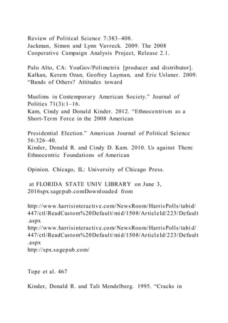 Review of Political Science 7:383–408.
Jackman, Simon and Lynn Vavreck. 2009. The 2008
Cooperative Campaign Analysis Project, Release 2.1.
Palo Alto, CA: YouGov/Polimetrix [producer and distributor].
Kalkan, Kerem Ozan, Geofrey Layman, and Eric Uslaner. 2009.
“Bands of Others? Attitudes toward
Muslims in Contemporary American Society.” Journal of
Politics 71(3):1–16.
Kam, Cindy and Donald Kinder. 2012. “Ethnocentrism as a
Short-Term Force in the 2008 American
Presidential Election.” American Journal of Political Science
56:326–40.
Kinder, Donald R. and Cindy D. Kam. 2010. Us against Them:
Ethnocentric Foundations of American
Opinion. Chicago, IL: University of Chicago Press.
at FLORIDA STATE UNIV LIBRARY on June 3,
2016spx.sagepub.comDownloaded from
http://www.harrisinteractive.com/NewsRoom/HarrisPolls/tabid/
447/ctl/ReadCustom%20Default/mid/1508/ArticleId/223/Default
.aspx
http://www.harrisinteractive.com/NewsRoom/HarrisPolls/tabi d/
447/ctl/ReadCustom%20Default/mid/1508/ArticleId/223/Default
.aspx
http://spx.sagepub.com/
Tope et al. 467
Kinder, Donald R. and Tali Mendelberg. 1995. “Cracks in
 