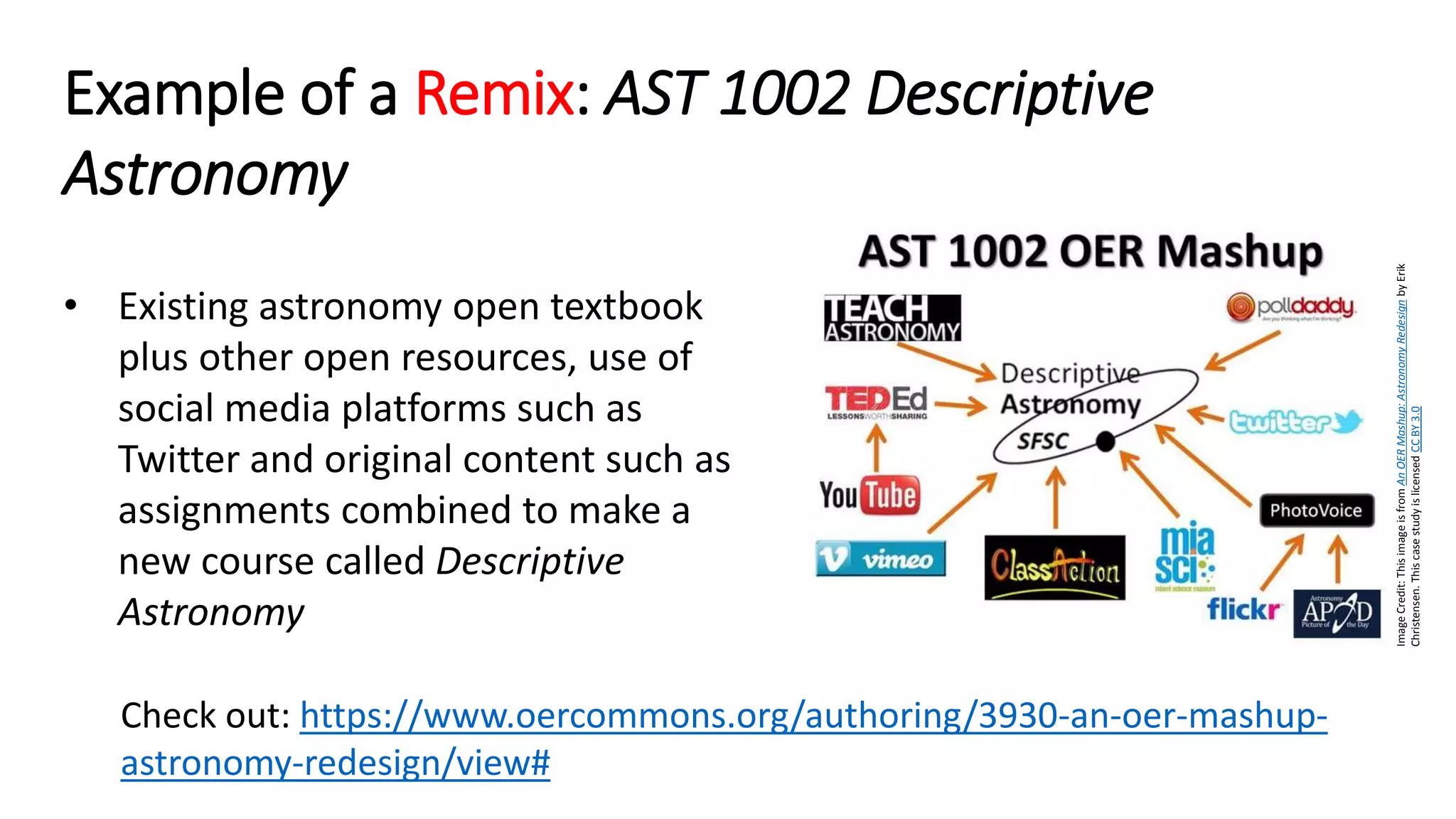 Example of a Remix: AST 1002 Descriptive
Astronomy
• Existing astronomy open textbook
plus other open resources, use of
social media platforms such as
Twitter and original content such as
assignments combined to make a
new course called Descriptive
Astronomy
ImageCredit:ThisimageisfromAnOERMashup:AstronomyRedesignbyErik
Christensen.ThiscasestudyislicensedCCBY3.0
Check out: https://www.oercommons.org/authoring/3930-an-oer-mashup-
astronomy-redesign/view#
 
