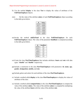 Object Oriented Programming in Java [Lesson 1; Lesson 2; Lesson 3; Lesson 4]
5 of 6
ll) Use the method display in the class Test to display the values of attributes of the
FullTimeEmployee objects.
mm) Set the value of the attribute salary of each FullTimeEmployee object according
to the table given below.
id salary
68494 65000
98451 60000
79563 35000
36864 30000
48952 20000
65825 25000
56286 40000
nn) Invoke the method addToFund in the class FullTimeEmployee for each
FullTimeEmployee object. The value of the parameter fundRate is computed according
to the table given below.
id fundRate
68494 4%
98451 3%
79563 2%
36864 1%
48952 2%
65825 2%
56286 1%
oo) Create the class PartTimeEmployee that includes attributes: hours and rate with data
types: “double” and “double” respectively.
pp) Include a constructor to the class PartTimeEmployee with parameters: id, name, age,
gender, designation, mobile, and rate.
qq) Include getters and setters for each attribute of the class PartTimeEmployee.
rr) Include a method called display to the class PartTimeEmployee to display the values of
attributes of the class.
ss) Include a method called computeSalary to the class PartTimeEmployee to compute the
value of the attribute salary. The value of the attribute salary is computed by multiplying
the value of the attribute hours with the value of the attribute rate.
 