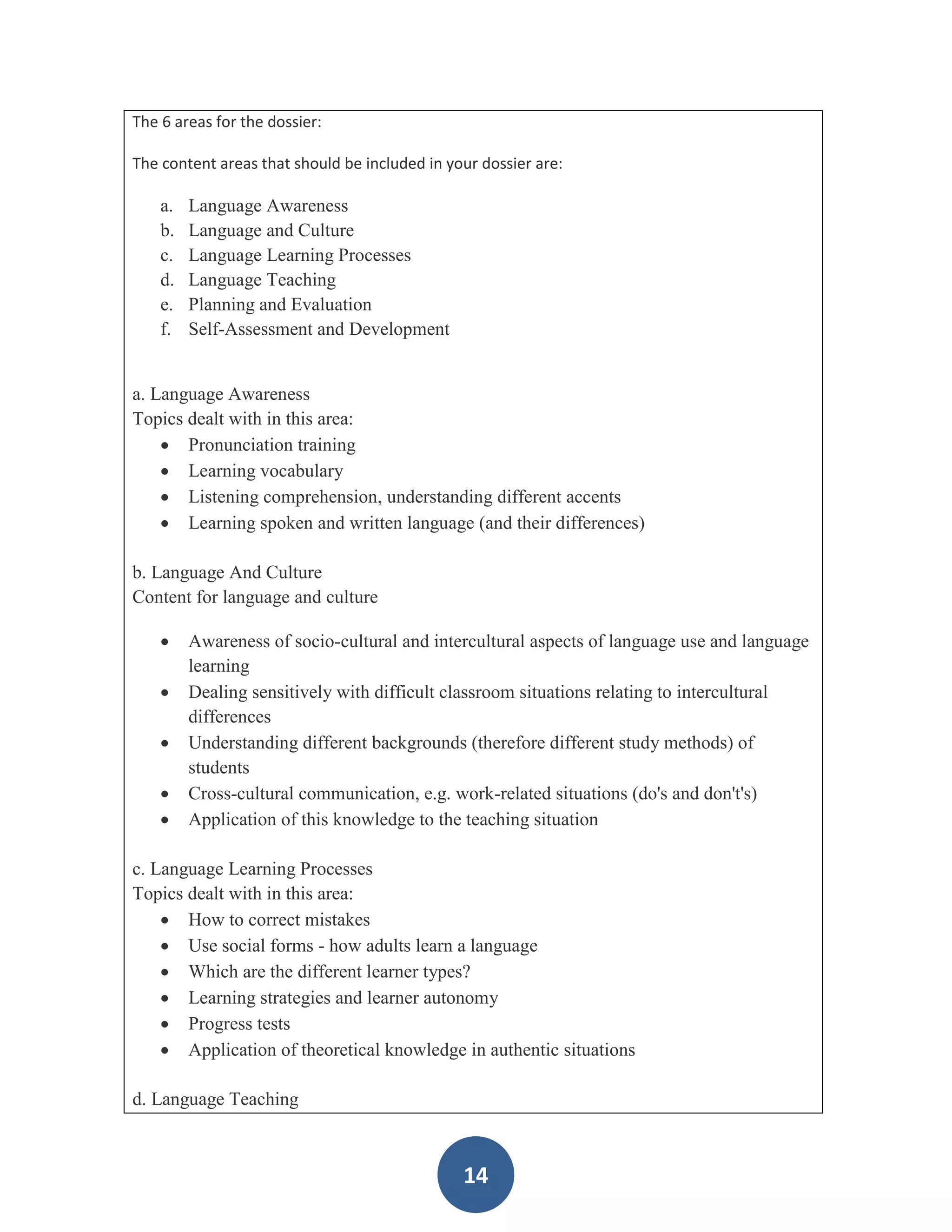 The 6 areas for the dossier:

The content areas that should be included in your dossier are:

    a.   Language Awareness
    b.   Language and Culture
    c.   Language Learning Processes
    d.   Language Teaching
    e.   Planning and Evaluation
    f.   Self-Assessment and Development


a. Language Awareness
Topics dealt with in this area:
     Pronunciation training
     Learning vocabulary
     Listening comprehension, understanding different accents
     Learning spoken and written language (and their differences)

b. Language And Culture
Content for language and culture

        Awareness of socio-cultural and intercultural aspects of language use and language
         learning
        Dealing sensitively with difficult classroom situations relating to intercultural
         differences
        Understanding different backgrounds (therefore different study methods) of
         students
        Cross-cultural communication, e.g. work-related situations (do's and don't's)
        Application of this knowledge to the teaching situation

c. Language Learning Processes
Topics dealt with in this area:
     How to correct mistakes
     Use social forms - how adults learn a language
     Which are the different learner types?
     Learning strategies and learner autonomy
     Progress tests
     Application of theoretical knowledge in authentic situations

d. Language Teaching



                                               14
 