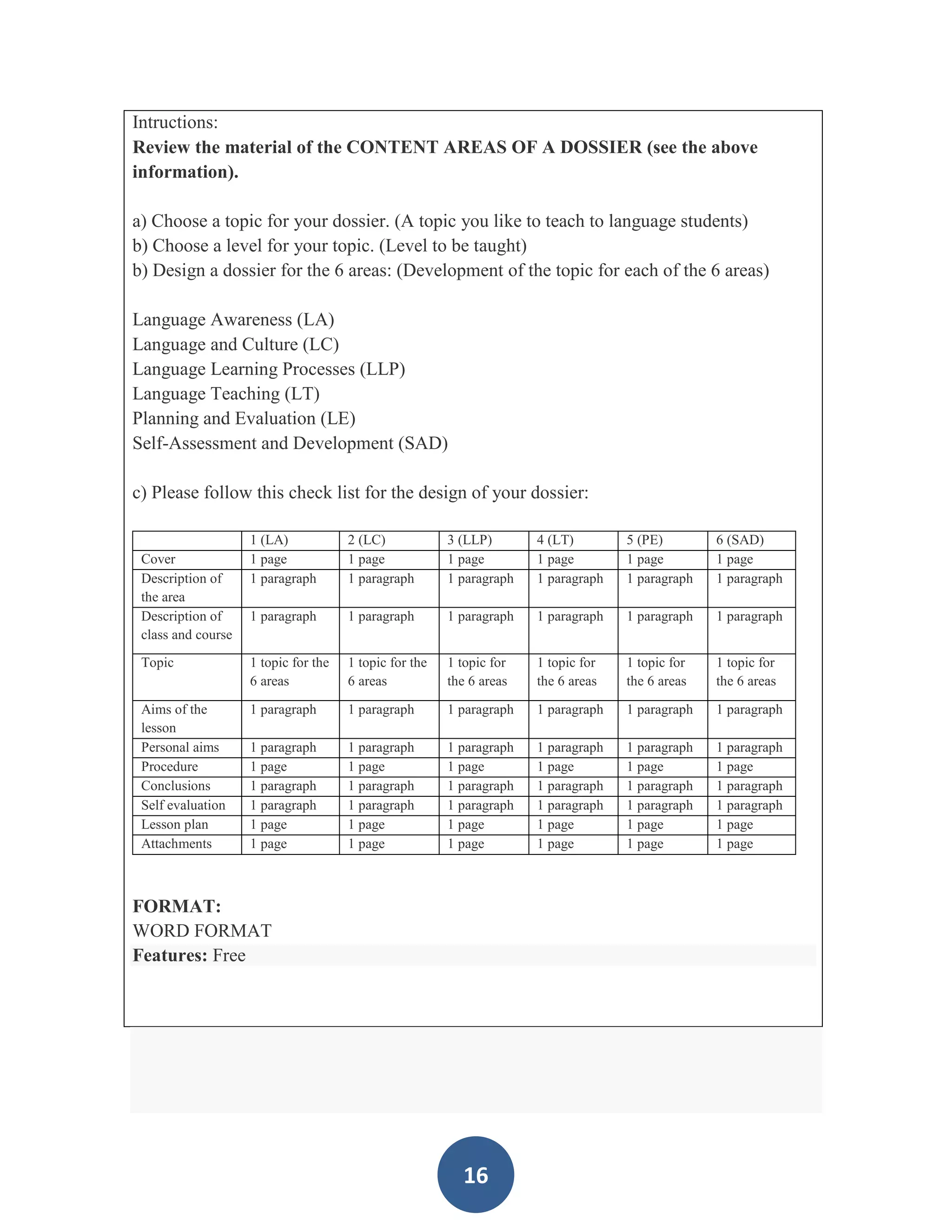 Intructions:
Review the material of the CONTENT AREAS OF A DOSSIER (see the above
information).

a) Choose a topic for your dossier. (A topic you like to teach to language students)
b) Choose a level for your topic. (Level to be taught)
b) Design a dossier for the 6 areas: (Development of the topic for each of the 6 areas)

Language Awareness (LA)
Language and Culture (LC)
Language Learning Processes (LLP)
Language Teaching (LT)
Planning and Evaluation (LE)
Self-Assessment and Development (SAD)

c) Please follow this check list for the design of your dossier:

                    1 (LA)            2 (LC)            3 (LLP)       4 (LT)        5 (PE)        6 (SAD)
 Cover              1 page            1 page            1 page        1 page        1 page        1 page
 Description of     1 paragraph       1 paragraph       1 paragraph   1 paragraph   1 paragraph   1 paragraph
 the area
 Description of     1 paragraph       1 paragraph       1 paragraph   1 paragraph   1 paragraph   1 paragraph
 class and course
 Topic              1 topic for the   1 topic for the   1 topic for   1 topic for   1 topic for   1 topic for
                    6 areas           6 areas           the 6 areas   the 6 areas   the 6 areas   the 6 areas

 Aims of the        1 paragraph       1 paragraph       1 paragraph   1 paragraph   1 paragraph   1 paragraph
 lesson
 Personal aims      1 paragraph       1 paragraph       1 paragraph   1 paragraph   1 paragraph   1 paragraph
 Procedure          1 page            1 page            1 page        1 page        1 page        1 page
 Conclusions        1 paragraph       1 paragraph       1 paragraph   1 paragraph   1 paragraph   1 paragraph
 Self evaluation    1 paragraph       1 paragraph       1 paragraph   1 paragraph   1 paragraph   1 paragraph
 Lesson plan        1 page            1 page            1 page        1 page        1 page        1 page
 Attachments        1 page            1 page            1 page        1 page        1 page        1 page



FORMAT:
WORD FORMAT
Features: Free




                                                          16
 