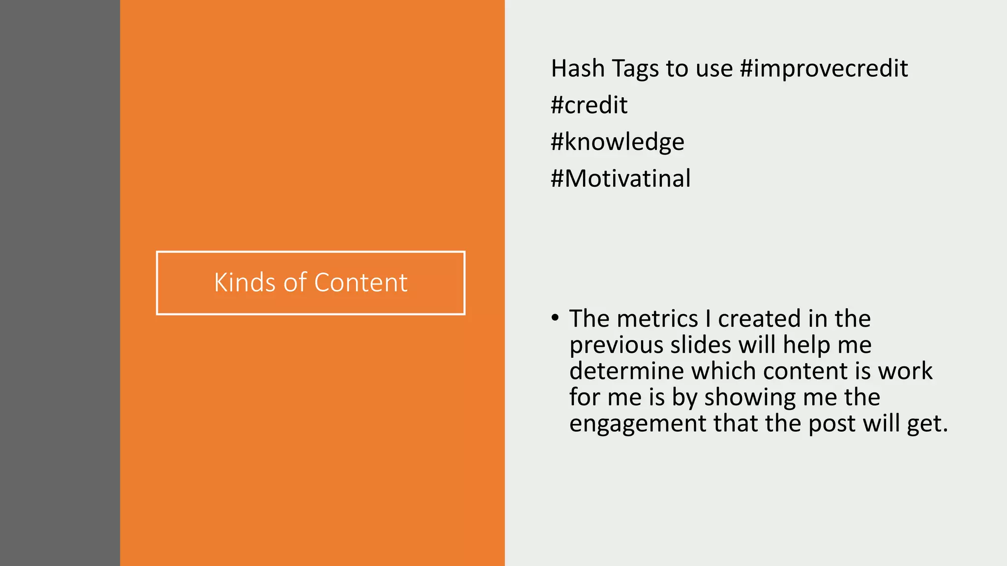 Kinds of Content
Hash Tags to use #improvecredit
#credit
#knowledge
#Motivatinal
• The metrics I created in the
previous slides will help me
determine which content is work
for me is by showing me the
engagement that the post will get.
 