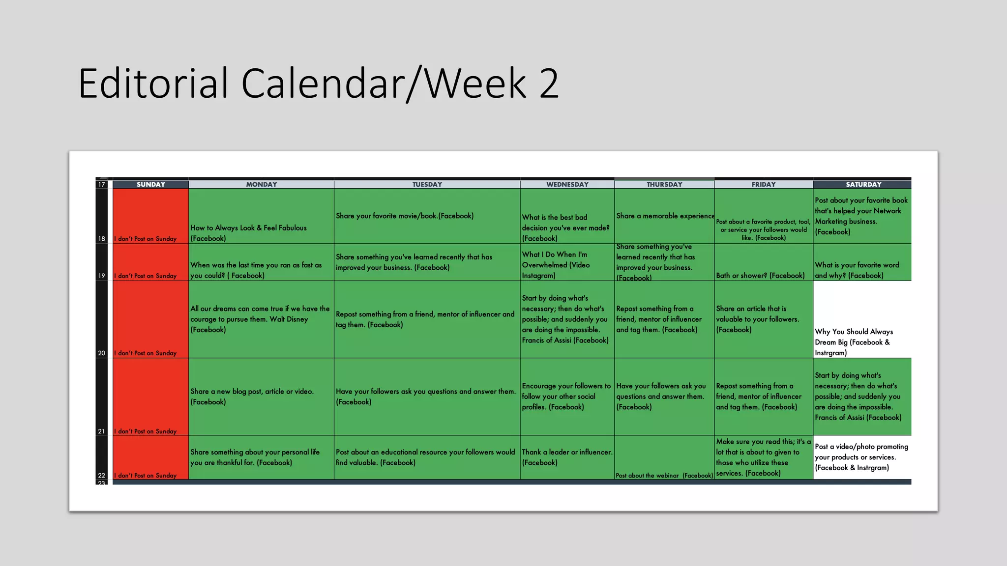 Editorial Calendar/Week 2
 