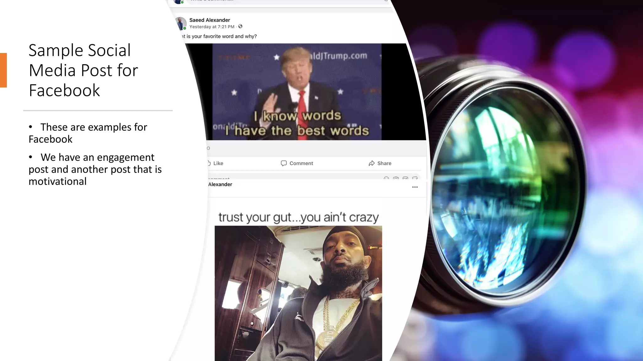 Sample Social
Media Post for
Facebook
• These are examples for
Facebook
• We have an engagement
post and another post that is
motivational
 