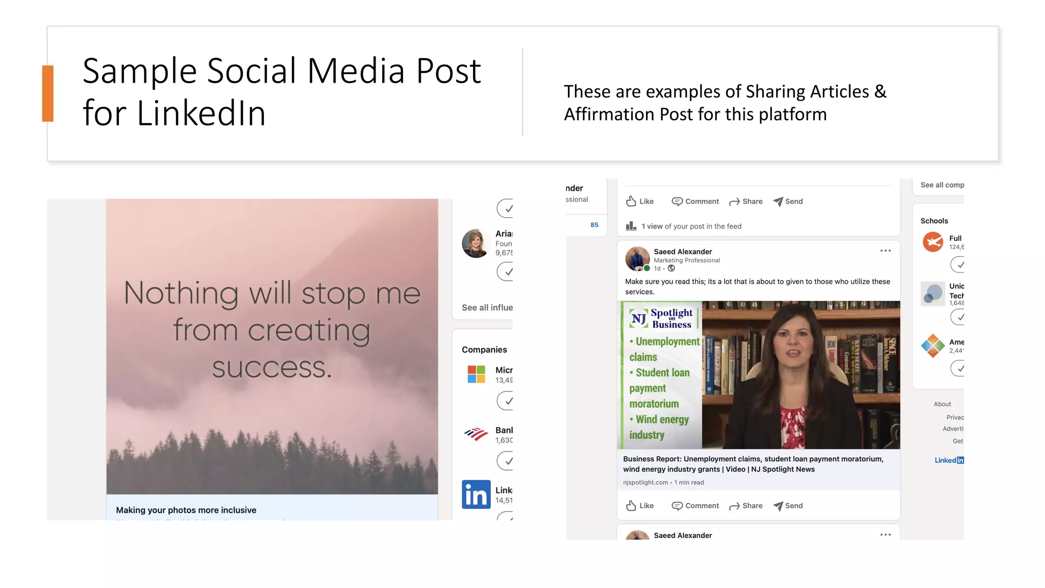 Sample Social Media Post
for LinkedIn
These are examples of Sharing Articles &
Affirmation Post for this platform
 