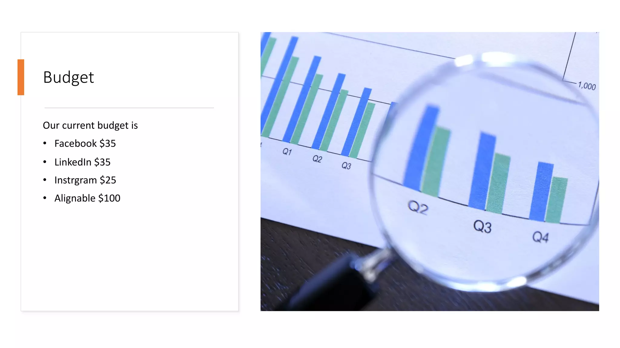 Budget
Our current budget is
• Facebook $35
• LinkedIn $35
• Instrgram $25
• Alignable $100
 