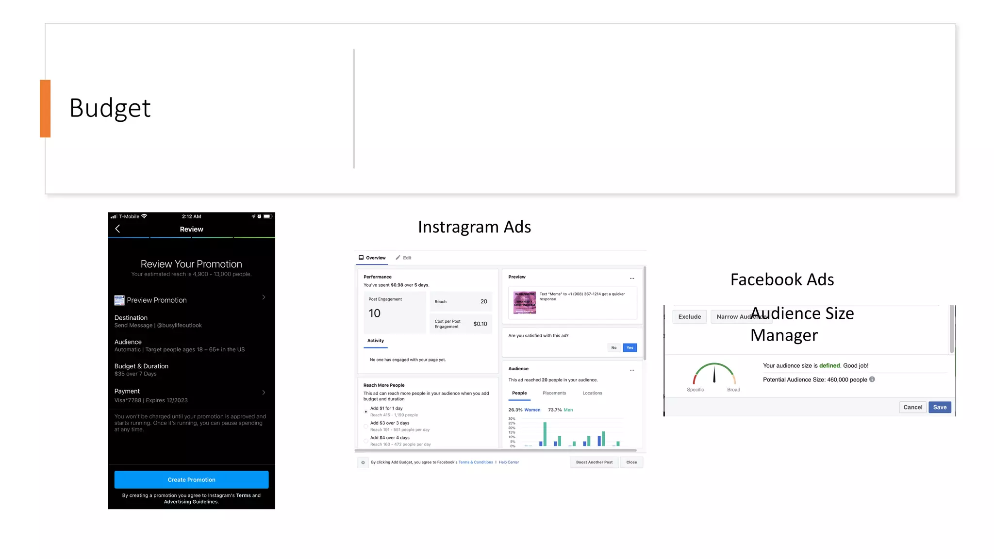 Budget
Facebook Ads
Audience Size
Manager
Instragram Ads
 