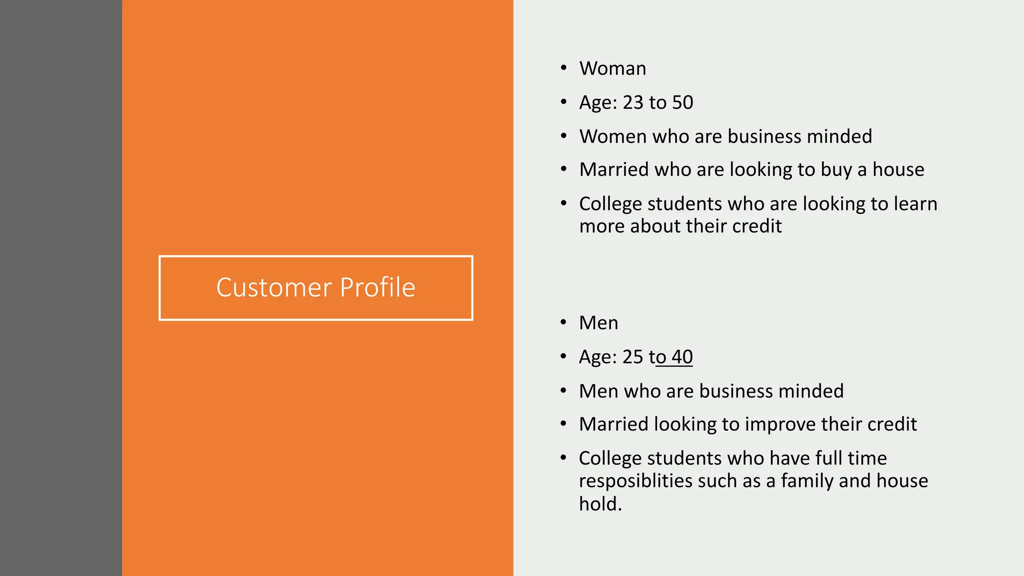 Customer Profile
• Woman
• Age: 23 to 50
• Women who are business minded
• Married who are looking to buy a house
• College students who are looking to learn
more about their credit
• Men
• Age: 25 to 40
• Men who are business minded
• Married looking to improve their credit
• College students who have full time
resposiblities such as a family and house
hold.
 