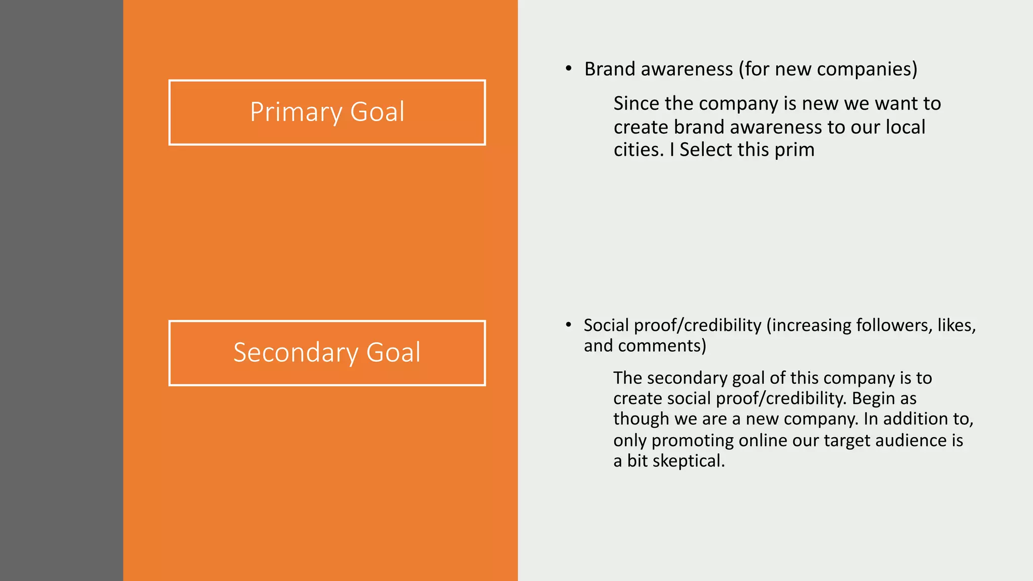 Primary Goal
• Brand awareness (for new companies)
Since the company is new we want to
create brand awareness to our local
cities. I Select this prim
• Social proof/credibility (increasing followers, likes,
and comments)
The secondary goal of this company is to
create social proof/credibility. Begin as
though we are a new company. In addition to,
only promoting online our target audience is
a bit skeptical.
Secondary Goal
 