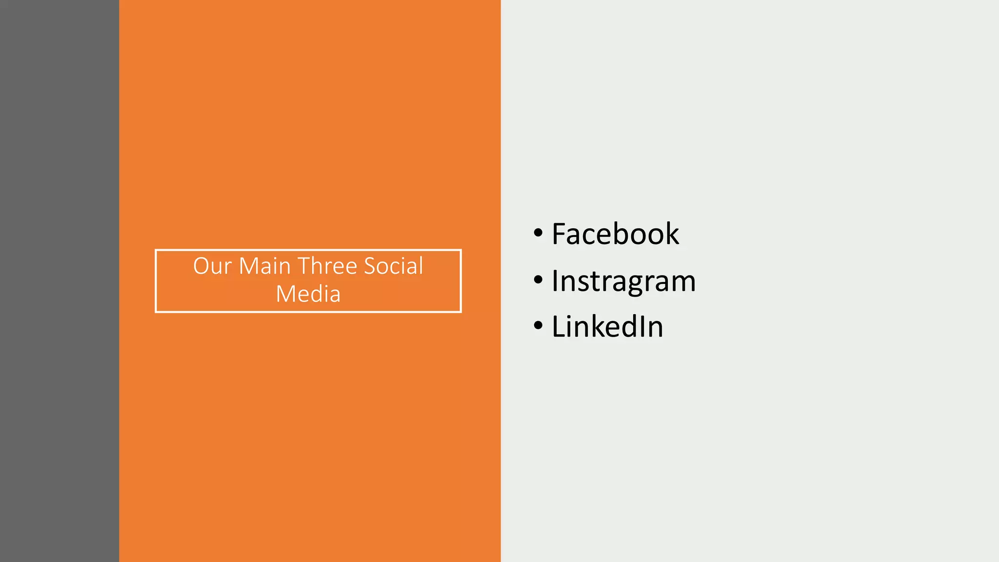 Our Main Three Social
Media
• Facebook
• Instragram
• LinkedIn
 