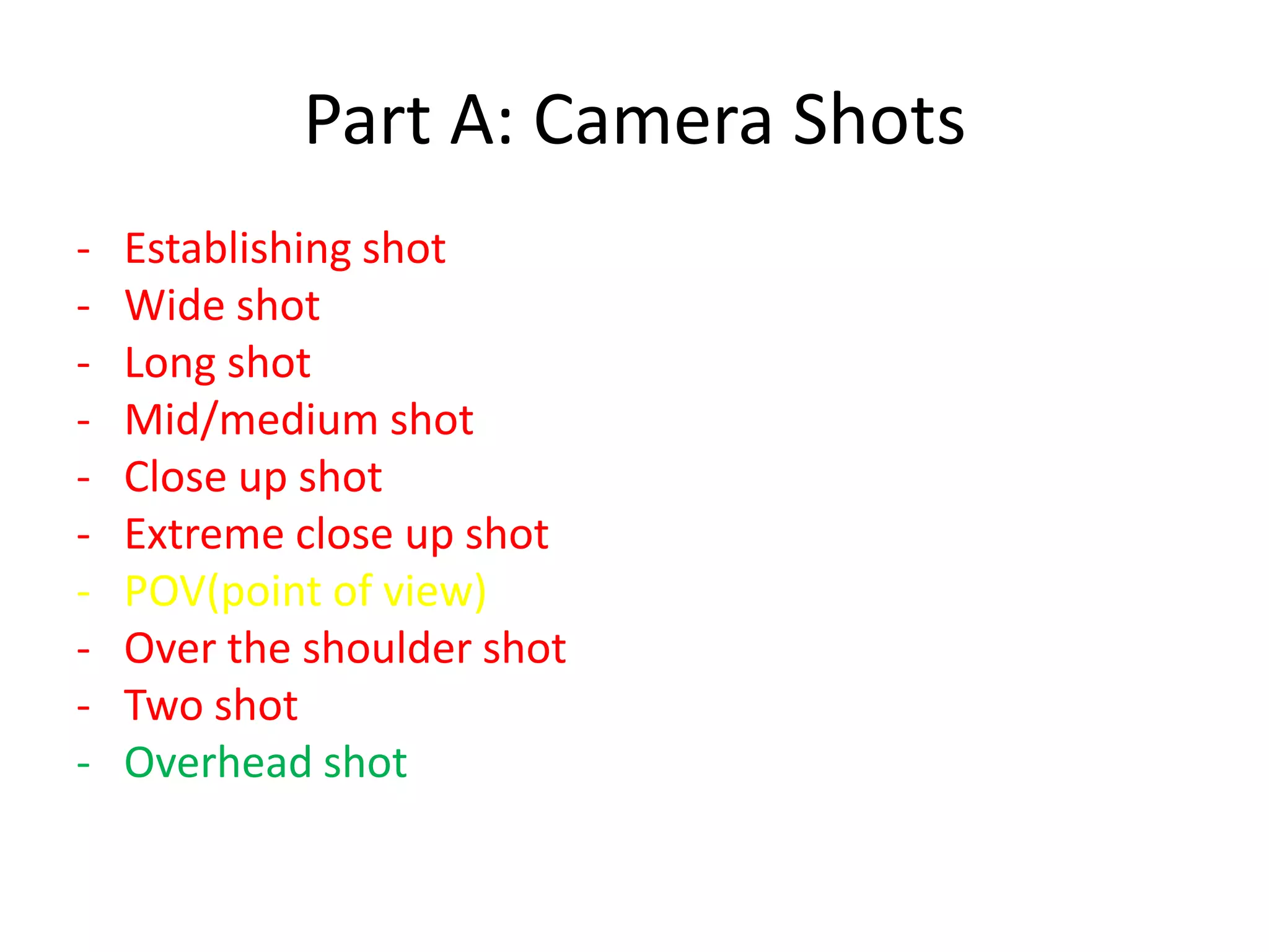 Part A: Camera Shots
- Establishing shot
- Wide shot
- Long shot
- Mid/medium shot
- Close up shot
- Extreme close up shot
- POV(point of view)
- Over the shoulder shot
- Two shot
- Overhead shot