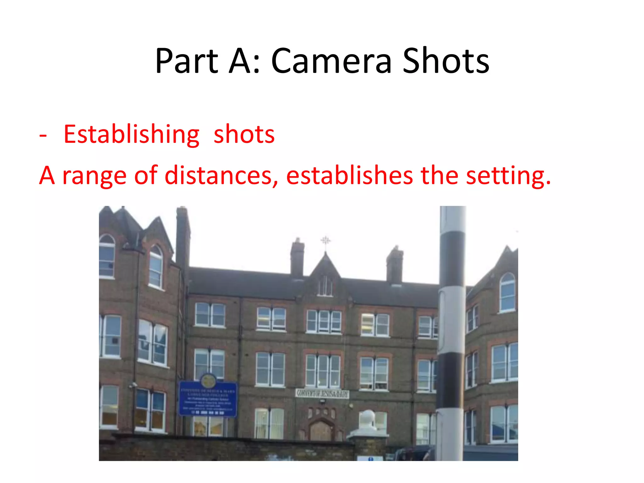 Part A: Camera Shots
- Establishing shots
A range of distances, establishes the setting.