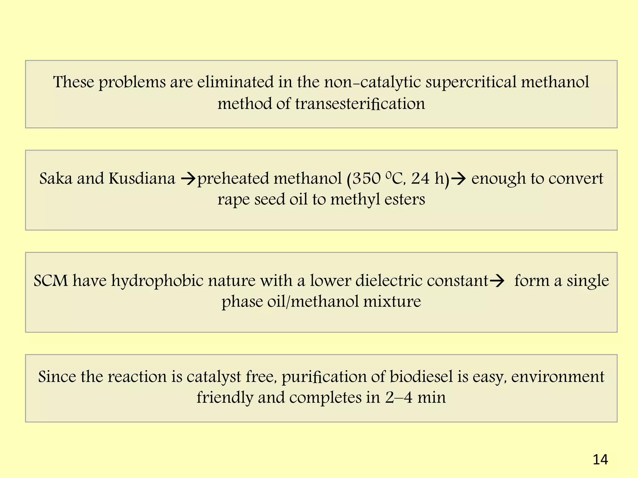 SCM have hydrophobic nature with a lower dielectric constant form a single
phase oil/methanol mixture
Since the reaction is catalyst free, puriﬁcation of biodiesel is easy, environment
friendly and completes in 2–4 min
These problems are eliminated in the non-catalytic supercritical methanol
method of transesteriﬁcation
Saka and Kusdiana preheated methanol (350 0C, 24 h) enough to convert
rape seed oil to methyl esters
14
 