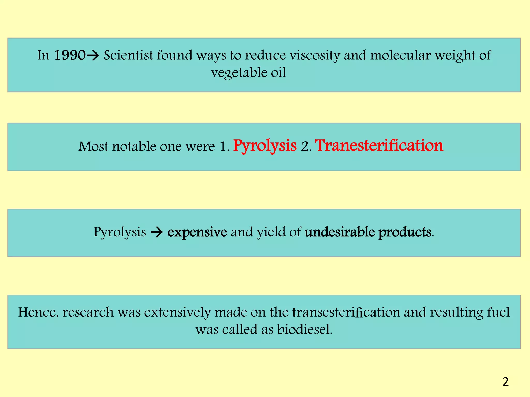 In 1990 Scientist found ways to reduce viscosity and molecular weight of
vegetable oil
Most notable one were 1. Pyrolysis 2. Tranesterification
Pyrolysis  expensive and yield of undesirable products.
Hence, research was extensively made on the transesteriﬁcation and resulting fuel
was called as biodiesel.
2
 