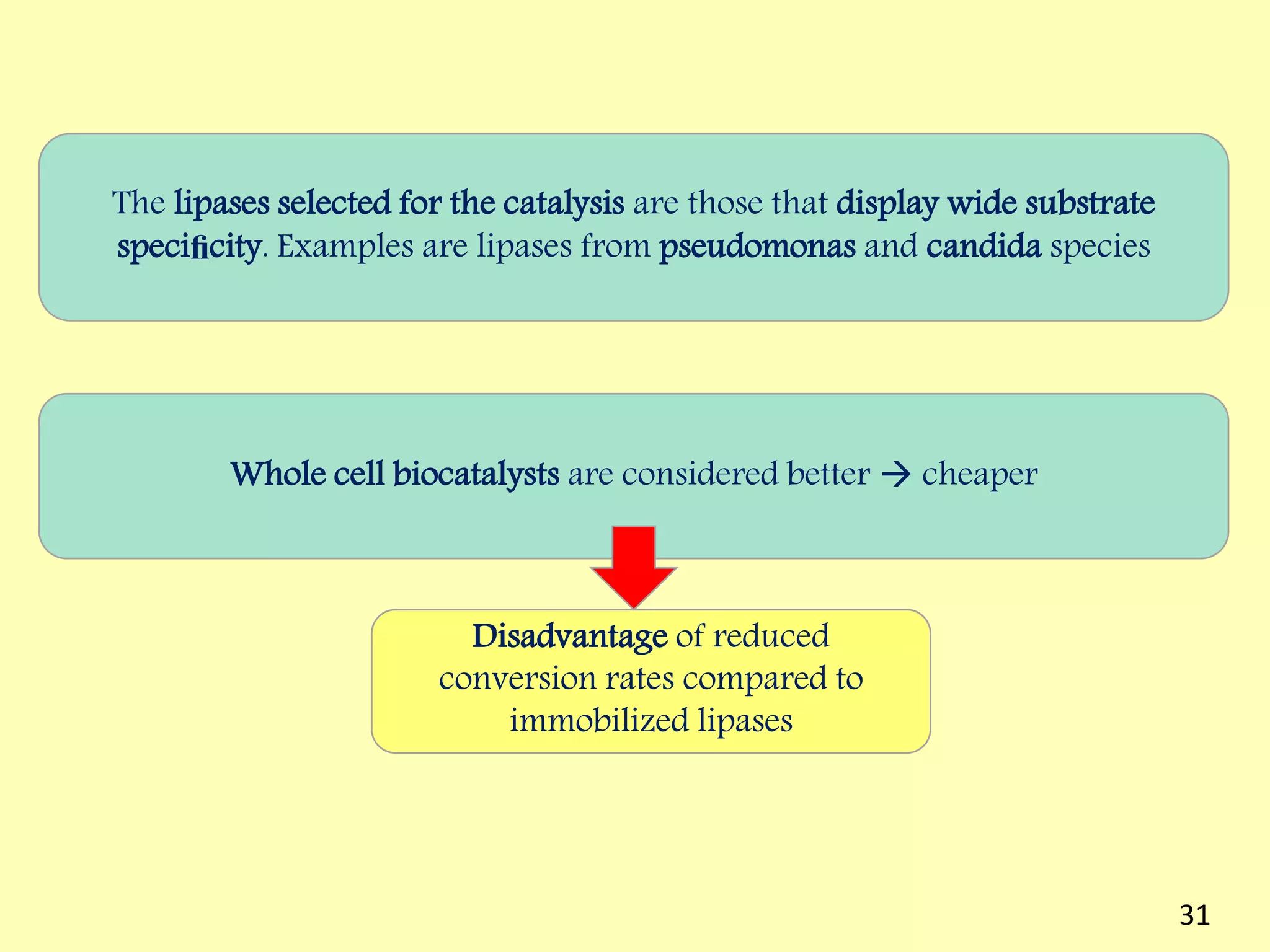 Whole cell biocatalysts are considered better  cheaper
Disadvantage of reduced
conversion rates compared to
immobilized lipases
The lipases selected for the catalysis are those that display wide substrate
speciﬁcity. Examples are lipases from pseudomonas and candida species
31
 