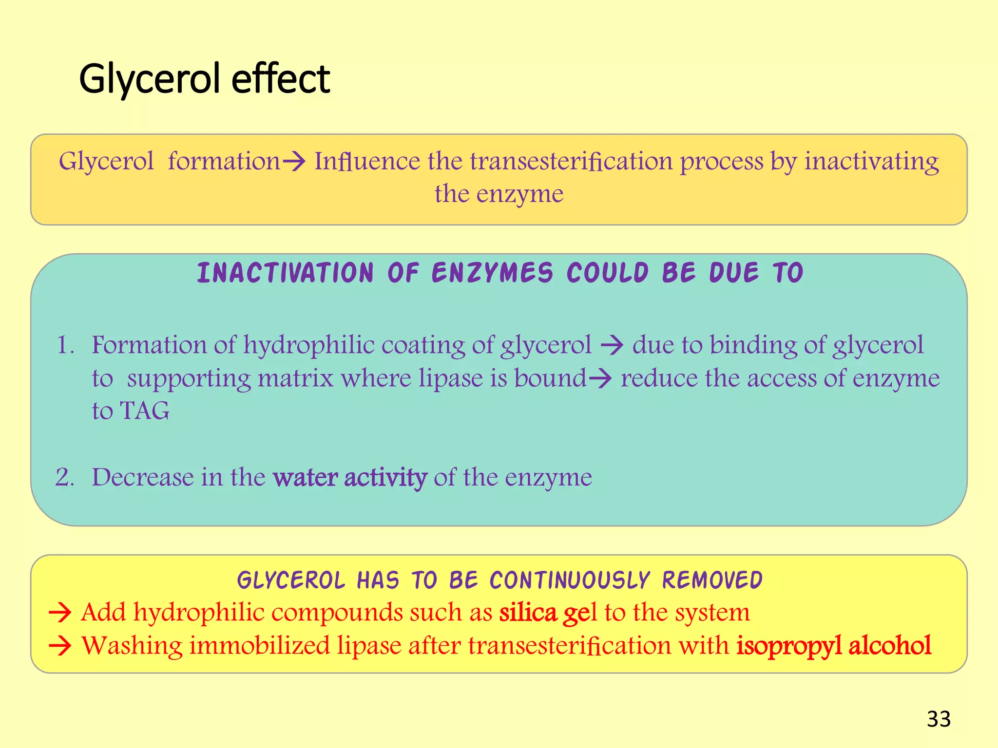 Glycerol effect
Glycerol formation Inﬂuence the transesteriﬁcation process by inactivating
the enzyme
Inactivation of enzymes could be due to
1. Formation of hydrophilic coating of glycerol  due to binding of glycerol
to supporting matrix where lipase is bound reduce the access of enzyme
to TAG
2. Decrease in the water activity of the enzyme
Glycerol has to be continuously removed
 Add hydrophilic compounds such as silica gel to the system
 Washing immobilized lipase after transesteriﬁcation with isopropyl alcohol
33
 