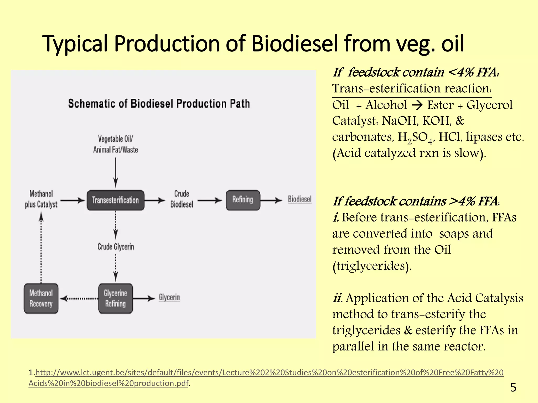 Typical Production of Biodiesel from veg. oil
1.http://www.lct.ugent.be/sites/default/files/events/Lecture%202%20Studies%20on%20esterification%20of%20Free%20Fatty%20
Acids%20in%20biodiesel%20production.pdf.
If feedstock contain <4% FFA:
Trans-esterification reaction:
Oil + Alcohol  Ester + Glycerol
Catalyst: NaOH, KOH, &
carbonates, H2SO4, HCl, lipases etc.
(Acid catalyzed rxn is slow).
If feedstock contains >4% FFA:
i. Before trans-esterification, FFAs
are converted into soaps and
removed from the Oil
(triglycerides).
ii. Application of the Acid Catalysis
method to trans-esterify the
triglycerides & esterify the FFAs in
parallel in the same reactor.
5
 