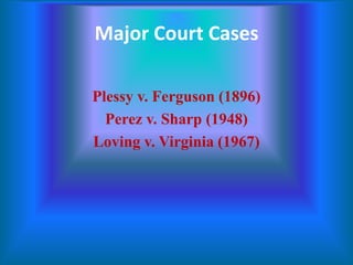 Major Court Cases
Plessy v. Ferguson (1896)
Perez v. Sharp (1948)
Loving v. Virginia (1967)

 