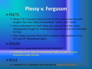 Plessy v. Ferguson
FACTS
 Plessy (7/8’s Caucasian descent and 1/8 African American descent)
bought a first class ticket and boarded a “whites-only” railcar.
 Once confronted from staff, Plessy was removed from the railcar;
subsequently charged for violating the Separate Car Act and remanded
for trial.
 After being convicted, Plessy filed an appeal citing violations of his
13th and 14th Amendment rights.

ISSUES
 Is there an unjust implication of race inferiority?
 Violations of 13th and 14th Amendment rights, as well as Equal
Protection under the law

RULE
 Landmark U.S. Supreme Court decision of separate but equal.

 