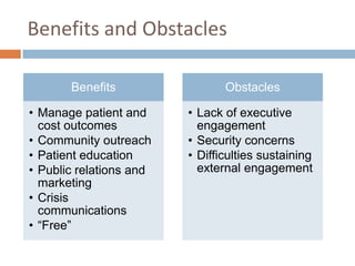 Benefits and Obstacles