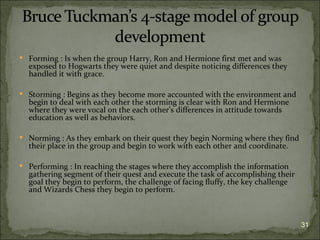  Forming : Is when the group Harry, Ron and Hermione first met and was
  exposed to Hogwarts they were quiet and despite noticing differences they
  handled it with grace.

 Storming : Begins as they become more accounted with the environment and
  begin to deal with each other the storming is clear with Ron and Hermione
  where they were vocal on the each other’s differences in attitude towards
  education as well as behaviors.

 Norming : As they embark on their quest they begin Norming where they find
  their place in the group and begin to work with each other and coordinate.

 Performing : In reaching the stages where they accomplish the information
  gathering segment of their quest and execute the task of accomplishing their
  goal they begin to perform, the challenge of facing fluffy, the key challenge
  and Wizards Chess they begin to perform.



                                                                                  31
 