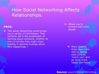 How Social Networking Affects
Relationships.
PROS:
 “the social networking world brings
you a variety of information. Tha...
