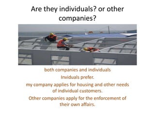 Are they individuals? or other
companies?

both companies and individuals
Inviduals prefer.
my company applies for housing and other needs
of individual customers.
Other companies apply for the enforcement of
their own affairs.

 