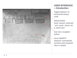 USER INTERFACE
    -- Introduction
    Toggles between on-
    campus/off-campus
    mode

    Default toolbar
    (back, forward, bookmark
    , print, email, phone, hel
    p, search bar)

    Sub menu navigation
    buttons

    Touch QWERTY
    keyboard, automatically
    launches when keyboard
    input is needed.




2
 