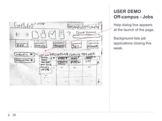 USER DEMO
     Off-campus - Jobs
     Help dialog box appears
     at the launch of the page.

     Background lists job
     applications closing this
     week.




30
 