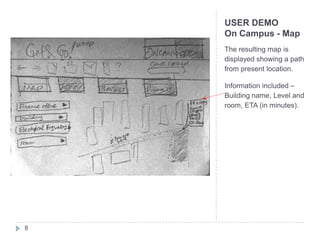 USER DEMO
    On Campus - Map
    The resulting map is
    displayed showing a path
    from present location.

    Information included –
    Building name, Level and
    room, ETA (in minutes).




8
 