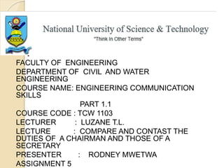 .
FACULTY OF ENGINEERING
DEPARTMENT OF CIVIL AND WATER
ENGINEERING
COURSE NAME: ENGINEERING COMMUNICATION
SKILLS
PART 1.1
COURSE CODE : TCW 1103
LECTURER : LUZANE T.L.
LECTURE : COMPARE AND CONTAST THE
DUTIES OF A CHAIRMAN AND THOSE OF A
SECRETARY
PRESENTER : RODNEY MWETWA
ASSIGNMENT 5
 