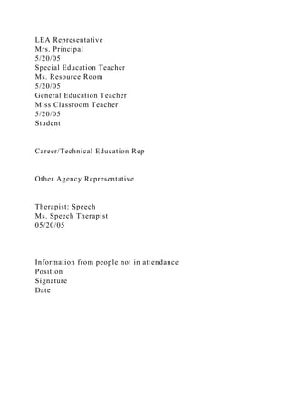 LEA Representative
Mrs. Principal
5/20/05
Special Education Teacher
Ms. Resource Room
5/20/05
General Education Teacher
Miss Classroom Teacher
5/20/05
Student
Career/Technical Education Rep
Other Agency Representative
Therapist: Speech
Ms. Speech Therapist
05/20/05
Information from people not in attendance
Position
Signature
Date
 
