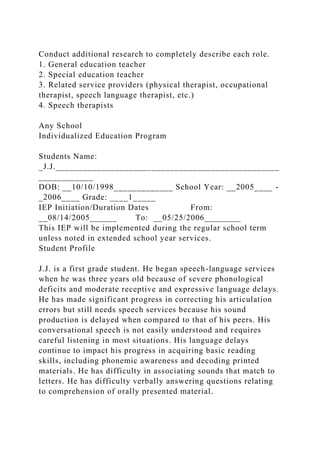 Conduct additional research to completely describe each role.
1. General education teacher
2. Special education teacher
3. Related service providers (physical therapist, occupational
therapist, speech language therapist, etc.)
4. Speech therapists
Any School
Individualized Education Program
Students Name:
_J.J._________________________________________________
____________
DOB: __10/10/1998_____________ School Year: __2005____ -
_2006____ Grade: ____1_____
IEP Initiation/Duration Dates From:
__08/14/2005______ To: __05/25/2006________
This IEP will be implemented during the regular school term
unless noted in extended school year services.
Student Profile
J.J. is a first grade student. He began speech-language services
when he was three years old because of severe phonological
deficits and moderate receptive and expressive language delays.
He has made significant progress in correcting his articulation
errors but still needs speech services because his sound
production is delayed when compared to that of his peers. His
conversational speech is not easily understood and requires
careful listening in most situations. His language delays
continue to impact his progress in acquiring basic reading
skills, including phonemic awareness and decoding printed
materials. He has difficulty in associating sounds that match to
letters. He has difficulty verbally answering questions relating
to comprehension of orally presented material.
 