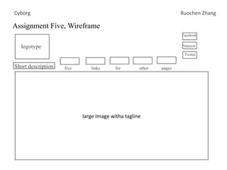 Assignment Five, Wireframe
Cyborg Ruochen Zhang
logotype
Short description
large Image witha tagline
Facebook
Twitter
Pinterest
five links for other pages
 