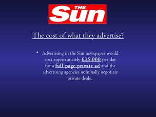 The cost of what they advertise?

 • Advertising in the Sun newspaper would
    cost approximately £35,000 per day
    for a full page private ad and the
   advertising agencies nominally negotiate
                 private deals.
 