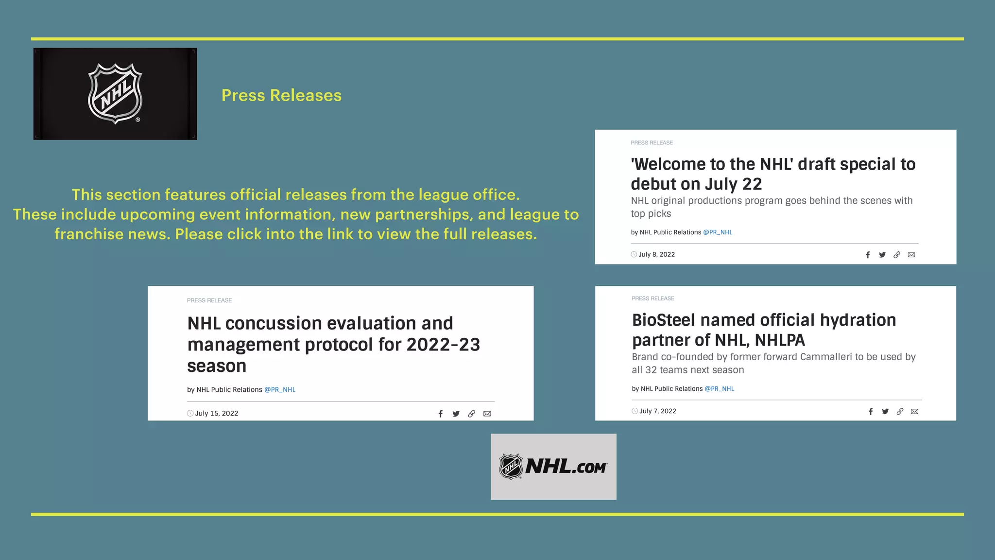 Press Releases
This section features of
f
icial releases from the league of
f
ice.


These include upcoming event information, new partnerships, and league to


franchise news. Please click into the link to view the full releases.
 
