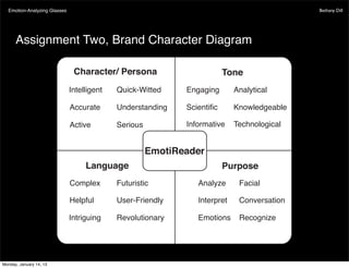 Emotion-Analyzing Glasses                     Bethany Dill




      Assignment Two, Brand Character Diagram




Monday, January 14, 13
 