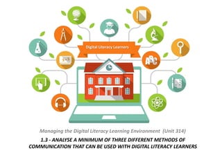 1.3 - ANALYSE A MINIMUM OF THREE DIFFERENT METHODS OF
COMMUNICATION THAT CAN BE USED WITH DIGITAL LITERACY LEARNERS
Managing the Digital Literacy Learning Environment (Unit 314)
Digital Literacy Learners
 