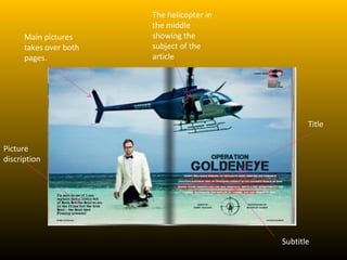 The helicopter in
                        the middle
      Main pictures     showing the
      takes over both   subject of the
      pages.            article




                                                   Title

Picture
discription




                                            Subtitle
 