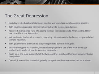 The Great DepressionNazis lowered educational standards to allow working-class social economic stability.Both countries organized commercial agriculture to increase production.Roosevelt championed rural-life, seeing them as the backbones to American life. Hitler saw rural-life as the foundation.Neither leader had much success in relocating citizens towards the farms, programs failed to make headway.Both governments did much to use propaganda to achieve their goals.Swastika being the Nazi symbol, Roosevelt employed the use of the NRA Blue Eagle symbol, both leaders trying to use mass persuasion.Nazi’s were the most successful of the two countries in solving their unemployment crisis the quickest.Over-all, it was still an issue that globally, prosperity without war could not be achieved.