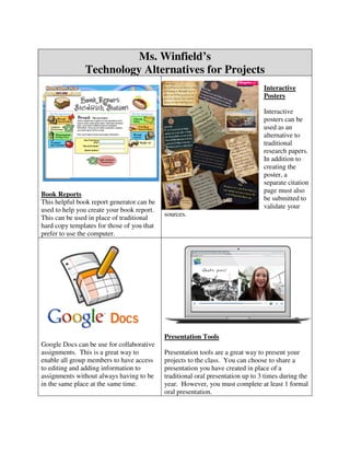 Ms. Winfield’s
               Technology Alternatives for Projects
                                                                                 Interactive
                                                                                 Posters

                                                                                 Interactive
                                                                                 posters can be
                                                                                 used as an
                                                                                 alternative to
                                                                                 traditional
                                                                                 research papers.
                                                                                 In addition to
                                                                                 creating the
                                                                                 poster, a
                                                                                 separate citation
                                                                                 page must also
Book Reports
                                                                                 be submitted to
This helpful book report generator can be
                                                                                 validate your
used to help you create your book report.
                                            sources.
This can be used in place of traditional
hard copy templates for those of you that
prefer to use the computer.




                                            Presentation Tools
Google Docs can be use for collaborative
assignments. This is a great way to         Presentation tools are a great way to present your
enable all group members to have access     projects to the class. You can choose to share a
to editing and adding information to        presentation you have created in place of a
assignments without always having to be     traditional oral presentation up to 3 times during the
in the same place at the same time.         year. However, you must complete at least 1 formal
                                            oral presentation.
 