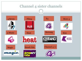 Channel 4 sister channels
4 Seven Film4 E4 More 4
4 Music Heat Kerrang Kiss
Magic Smash hits Channel 4 +1
 
