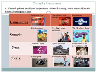 Channel 4 Programmes
 Channel 4 shows a variety of programmes, to do with comedy, soaps, news and politics
Below are examples of each
Deal or no deal Five minuets to a
fortune
Countdown
The Simpsons Everybody loves
Raymond
The Cleveland show
Channel 4 news Japans tsunami Undercover at the
news of the world
Motor sport Wheelchair rugby Paralympics
Comedy
News
Game shows
Sports
 