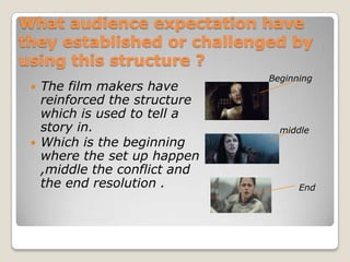 What audience expectation have
they established or challenged by
using this structure ?
                                Beginning
    The film makers have
     reinforced the structure
     which is used to tell a
     story in.                    middle
    Which is the beginning
     where the set up happen
     ,middle the conflict and
     the end resolution .             End
 