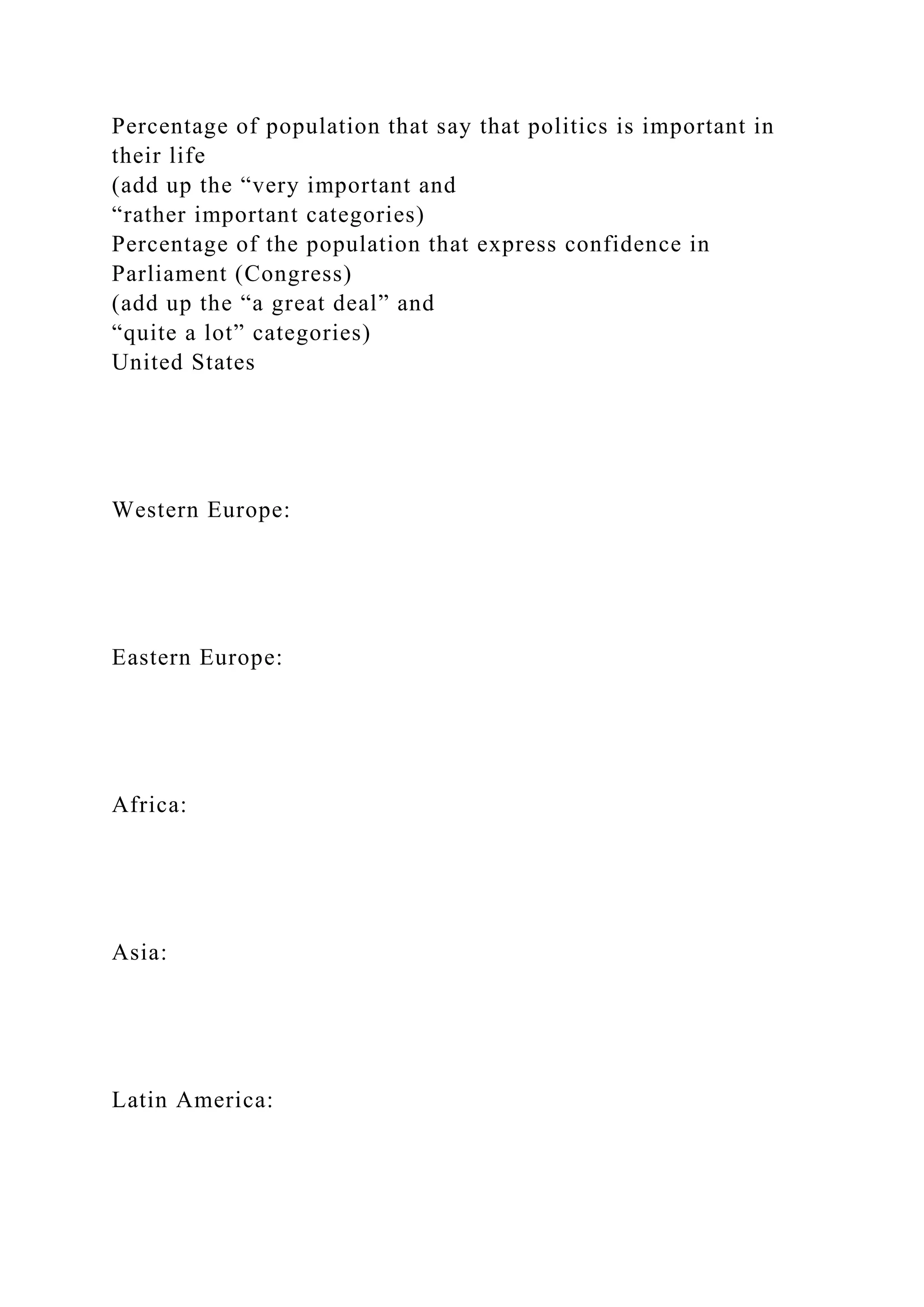 Percentage of population that say that politics is important in
their life
(add up the “very important and
“rather important categories)
Percentage of the population that express confidence in
Parliament (Congress)
(add up the “a great deal” and
“quite a lot” categories)
United States
Western Europe:
Eastern Europe:
Africa:
Asia:
Latin America:
 