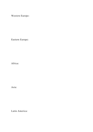 Western Europe:
Eastern Europe:
Africa:
Asia:
Latin America:
 