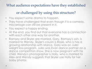 What audience expectations have they established

       or challenged by using this structure?
• You expect some drama to happen.
• They have challenged that even though it is a comedy,
  miscarriage can still be present in it.
• You expect a happy ending.
• At the end, you find out that everyone has a connection
  with each other one way for another.
• Ramsey and Skyler are married. Gary, Ramsey's son, is
  married to Wendy. Skyler's cousin is Rosie, who is has a
  growing relationship with Marco. Gary was on Jules'
  weight loss program. Jules was Evan dance partner on a
  dance competition show. She is now pregnant with his
  child. Wendy's photographer is Holly, who is married to
  Alex and Wendy suggests that Skyler use Holly for her
  baby photos
 
